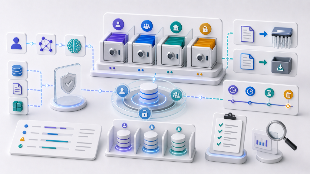 AI agent data governance control plane with classified data vaults, access controls, retention timeline, deletion, and export controls