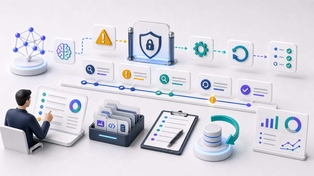 AI agent incident response workflow with alert timeline, containment shield, evidence folder, rollback path, and recovery checklist