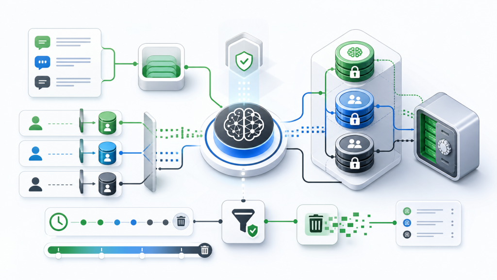 AI agent memory architecture with user scoped memory stores, retention timeline, deletion control, and audit log