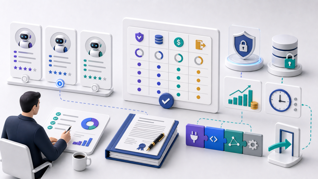 AI agent vendor procurement scorecard with security, data, cost, SLA, integration, and exit-risk controls