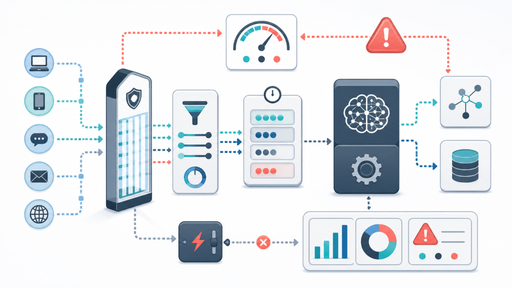 AI agent rate limiting architecture with quota gates, queue buffer, circuit breaker, budget meter, and alerts