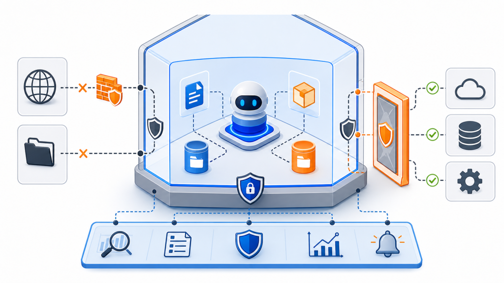 AI agent sandbox architecture with isolated execution zone, file boundary, network boundary, tool proxy, and monitoring sensors