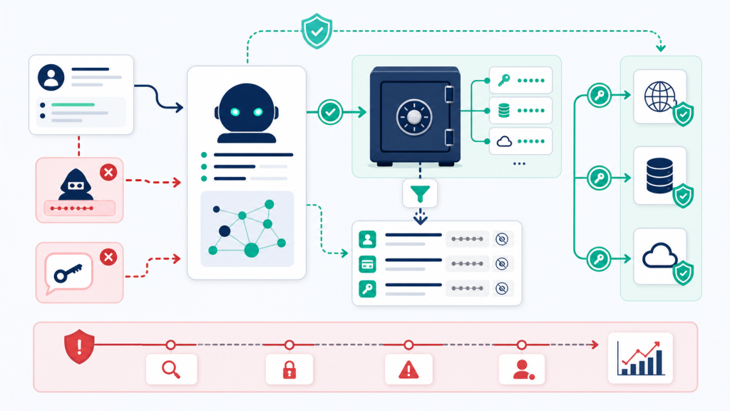 AI agent secrets management architecture with secure vault, scoped tool tokens, redaction filters, and audit alerts