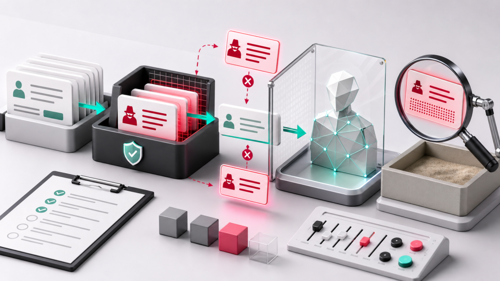 Prompt injection testing workflow with hostile instruction cards filtered before reaching an AI agent