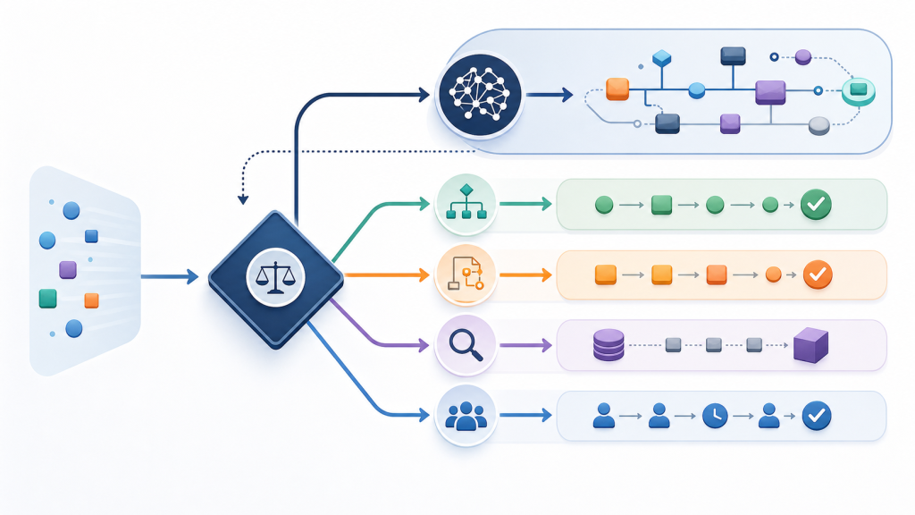 Decision board comparing AI agents with rules, structured workflows, search, and human approval paths