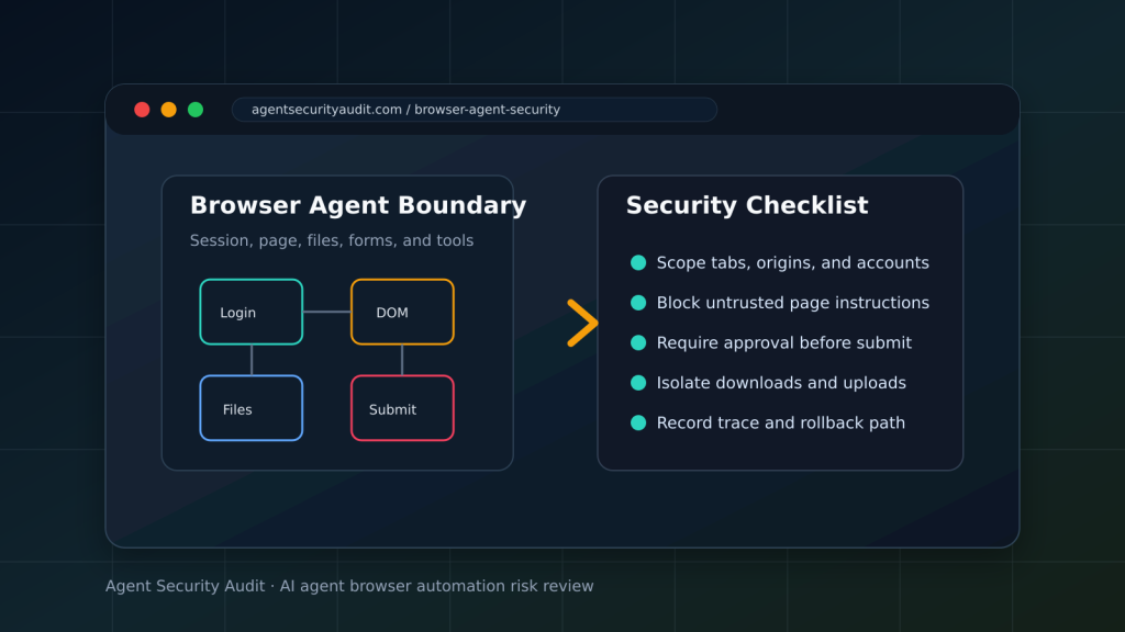 AI agent browser automation security checklist with session, DOM, files, forms, and approvals